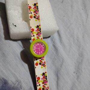 Slap Bracelet/ Watch-Colorful Polka Dot Watch with Pink Dial